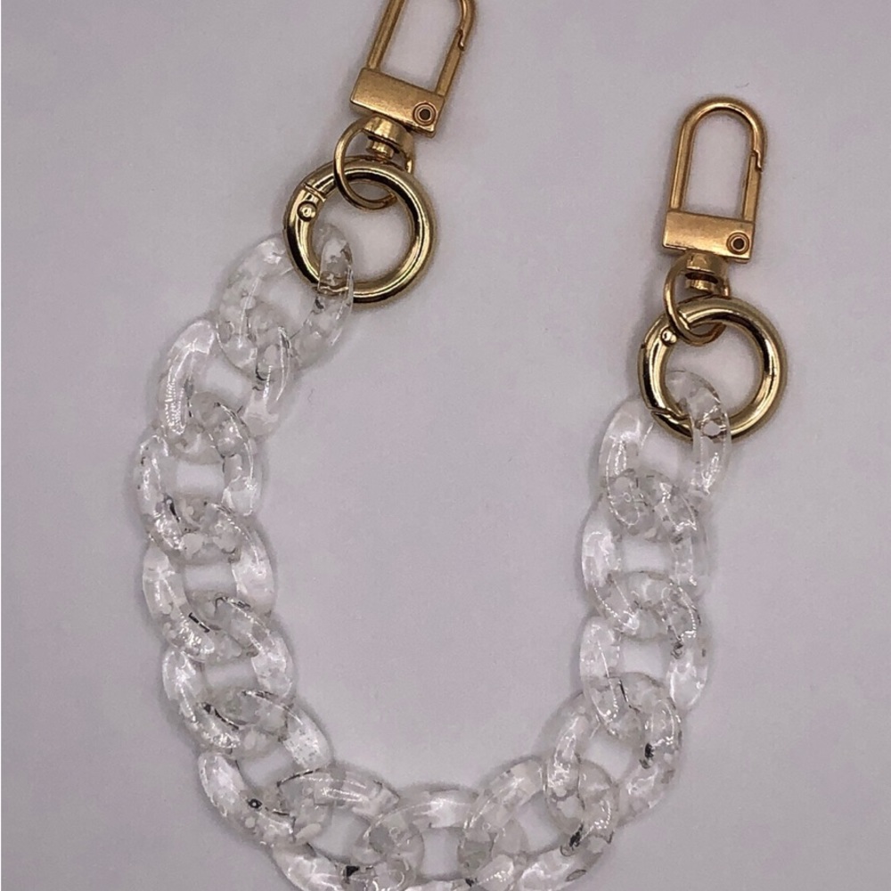 Chain link wristlet strap for wallets, key holders, or SLGs Clear white speckled